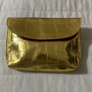 Estee Lauder Gold Tone Pebbled Faux Leather Flap Snap Make up Cosmetic Bag